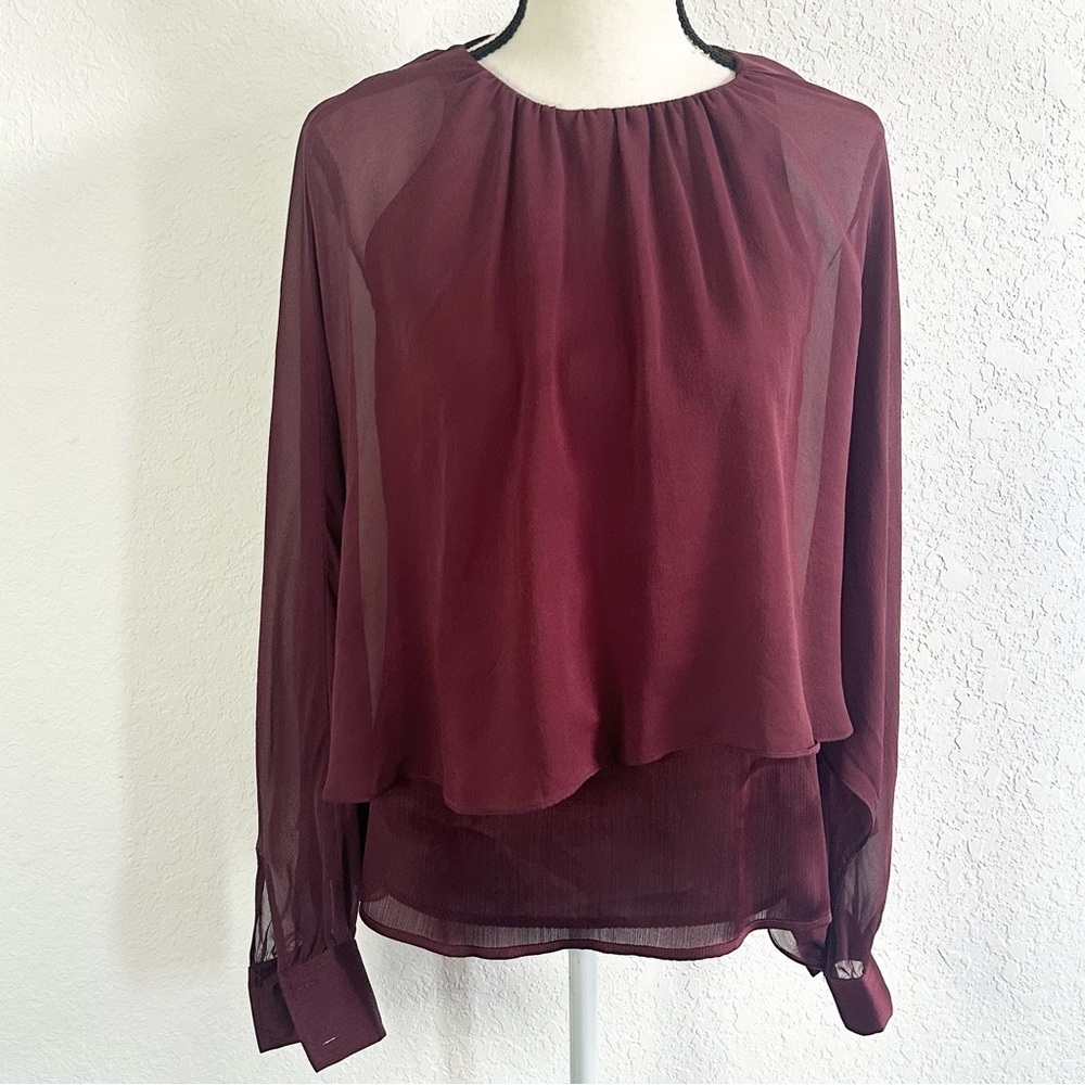 TRINA TURK Preston Silk Blouse Red Burgundy Size XS Sheer Round Neck Office Work